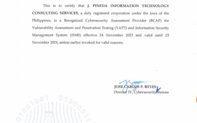 The PH Department of Information and Communications Technology – DICT has approved the recognition of Pineda Cybersecurity as a Cybersecurity